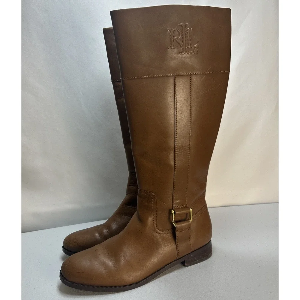 Lauren Ralph Lauren Bernadine Riding Boots Womens 9.5B Tan Leather Knee High